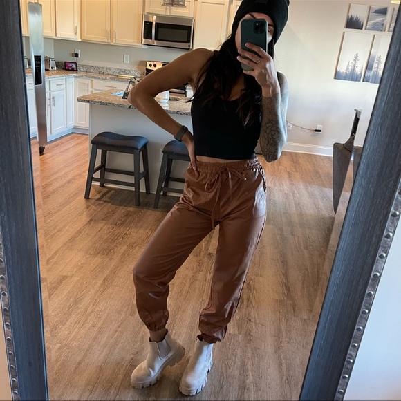 Cognac Vegan Leather Joggers - Picture 6 of 6